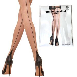 NWT  Emilio Cavallini Black Back Seam Heel Nude Tights Sz.M-L 40 DEN 90s Retro